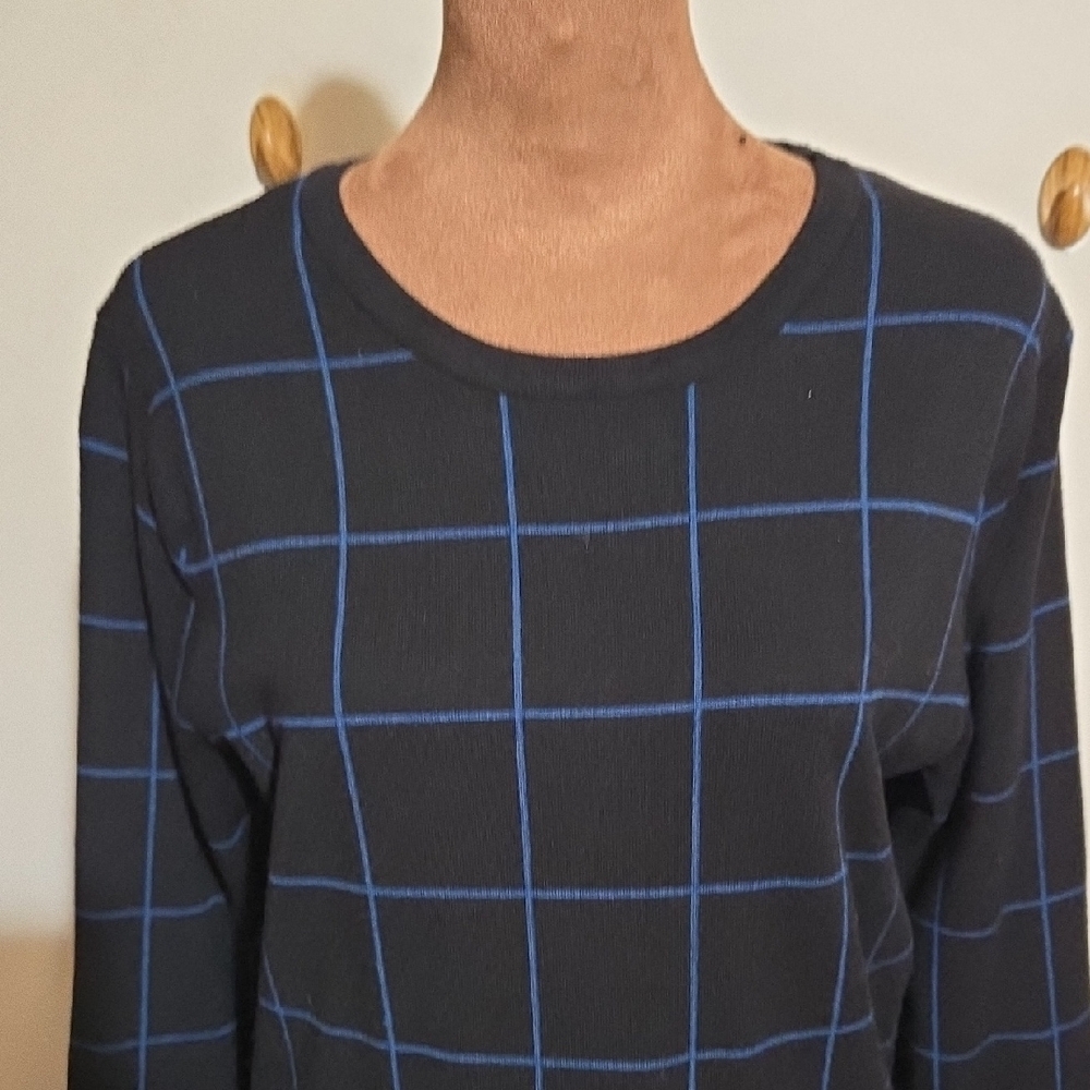 B60 Anne Klein Black and Blue Grid Long Sleeve Sweater Dress Sz Md Scoop Neck - Picture 5 of 13